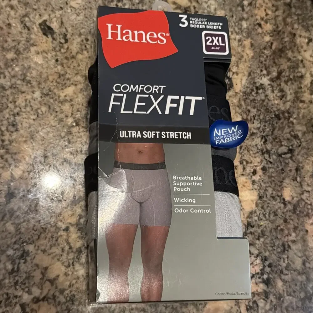 Hanes Comfort Flex Fit Ultra Soft Gray Black 3-Pack Boxer Briefs 2XL NEW